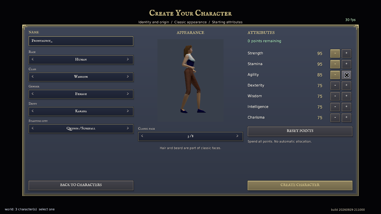 Tested creation screen showing a female Human Warrior, Karana, Qeynos, face 3 and manually allocated attributes