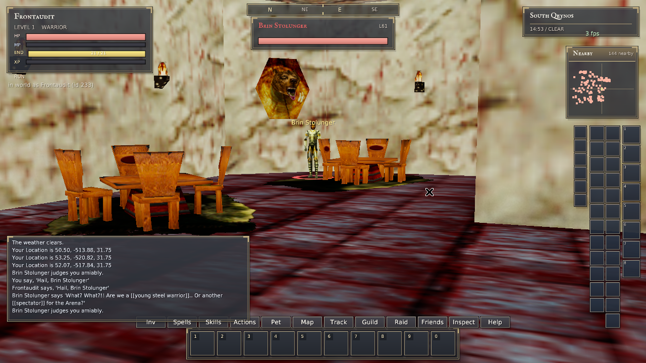 First-person native client targeting Brin Stolunger and receiving his hail response