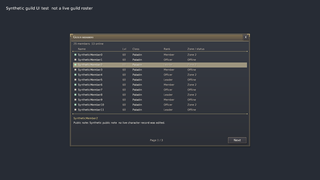 Explicitly synthetic roster demonstrating columns pagination and public note