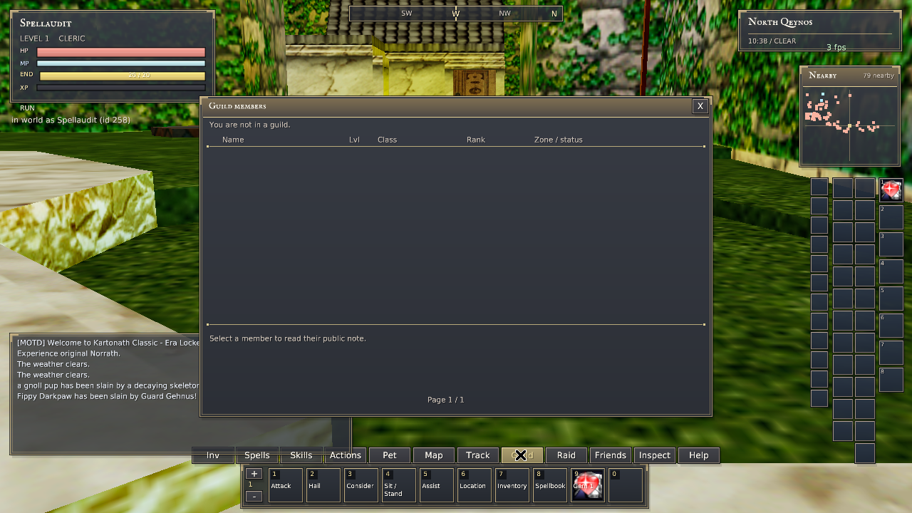 Live Linux client correctly shows an unguilded QA character