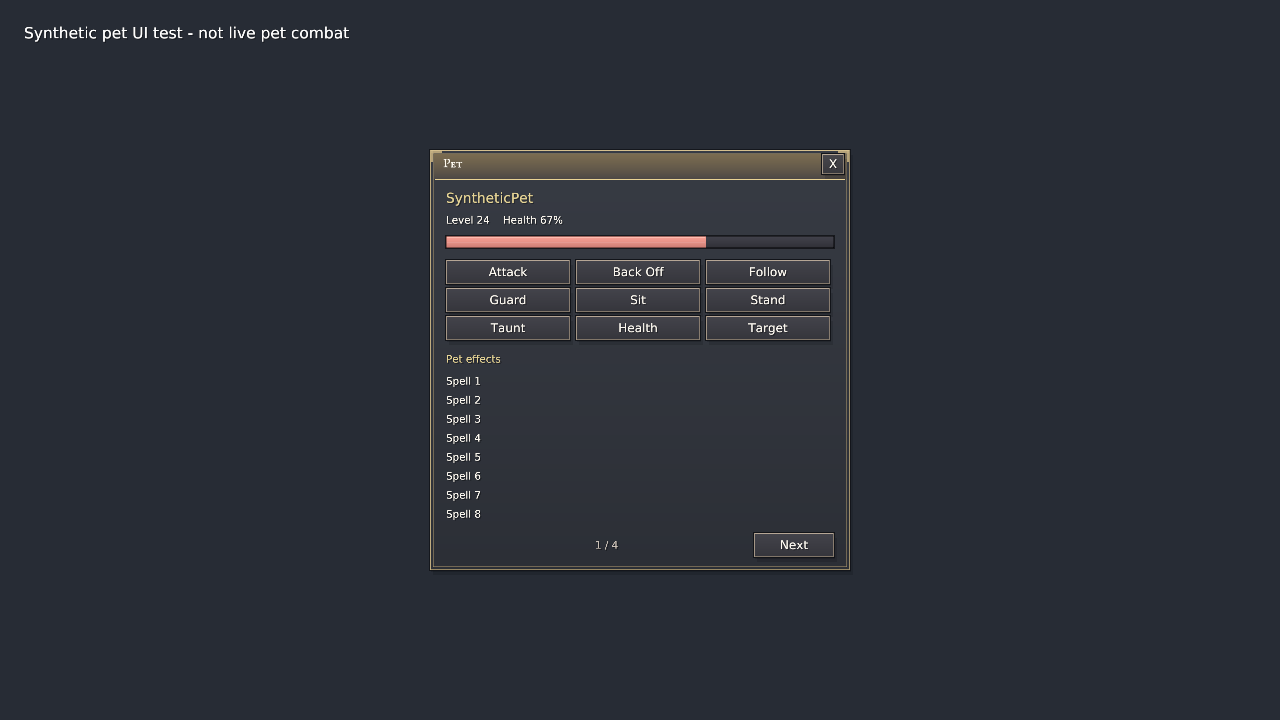 Synthetic pet status and command layout, not live combat