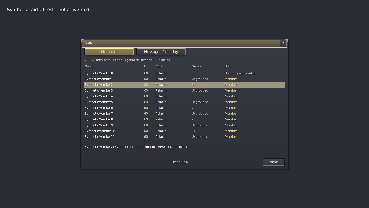Synthetic 72-member raid including ungrouped members