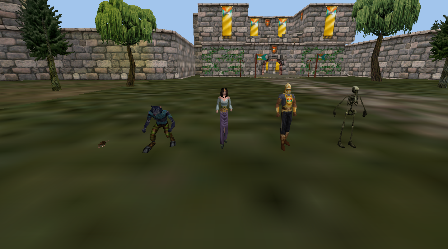 Classic rat, gnoll, female Qeynos citizen, Qeynos guard and skeleton rendered in front of the gate