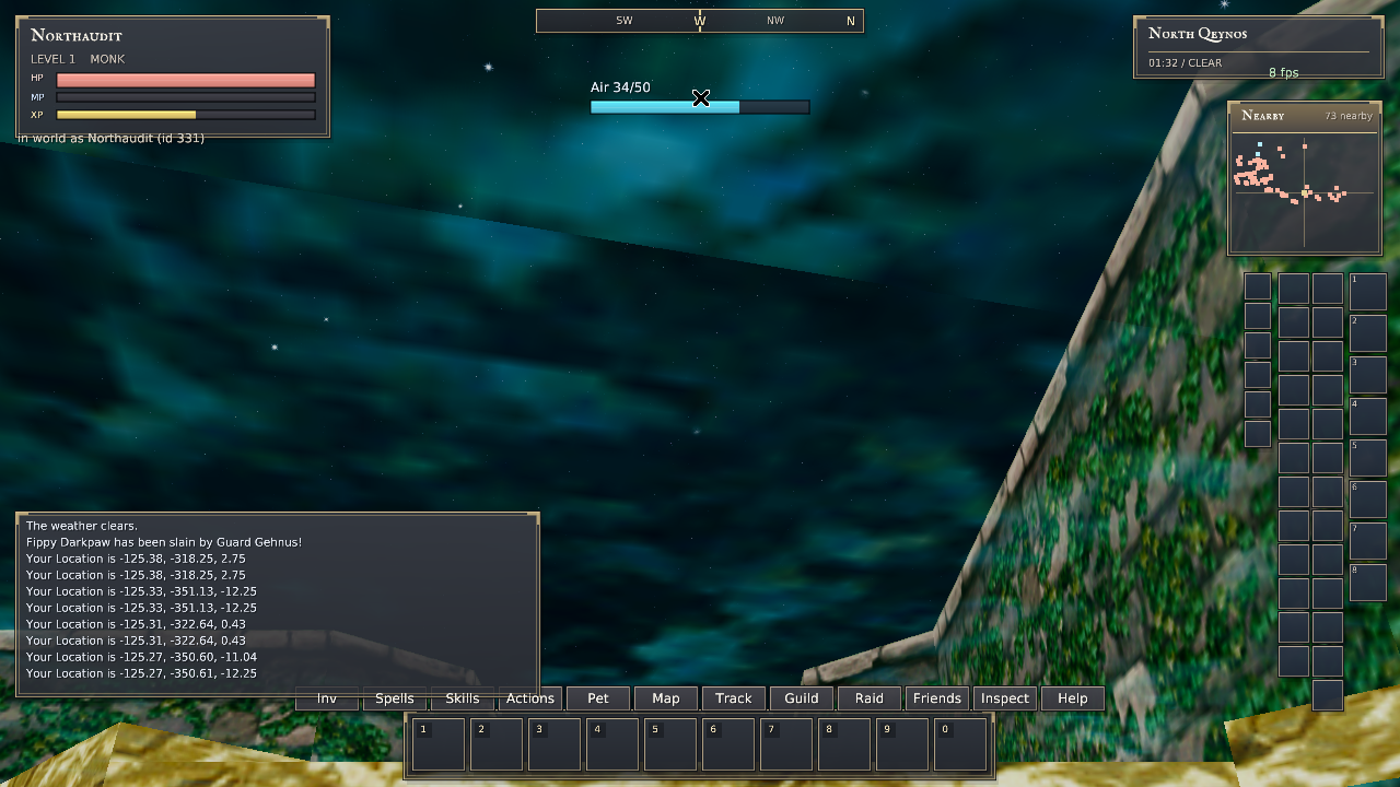 Rust QA underwater with an air meter reading 34 of 50 and full health