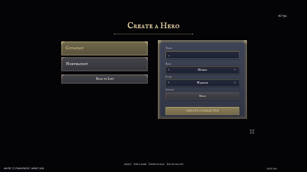 Rebuilt native character creation screen with visible race and class arrows and Create Character button, connected to the Classic server.