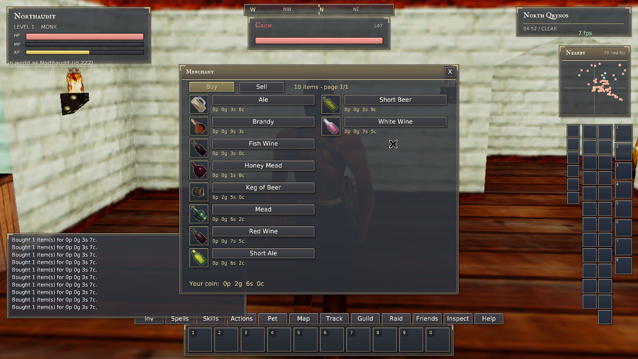 North Qeynos native merchant window immediately after the twentieth purchase:10 entries, no sold-out brew,260 copper left
