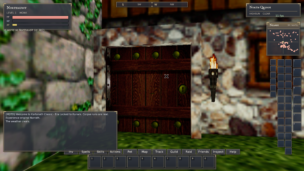 Native Rust first-person view of the same guild doorway after sun-shadow and original-object normal repairs.