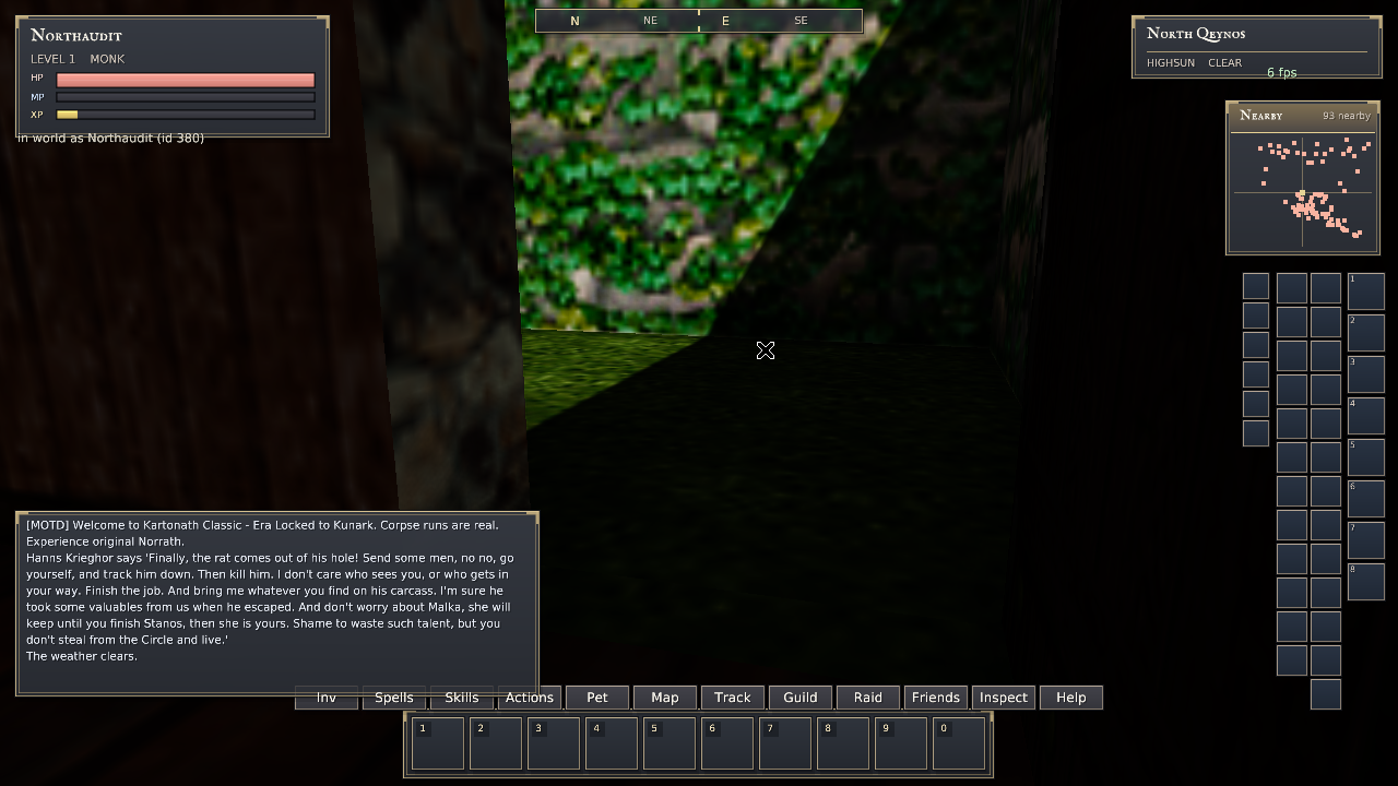 Actual native North Qeynos QA view after clicking the guild door open, revealing the courtyard beyond.