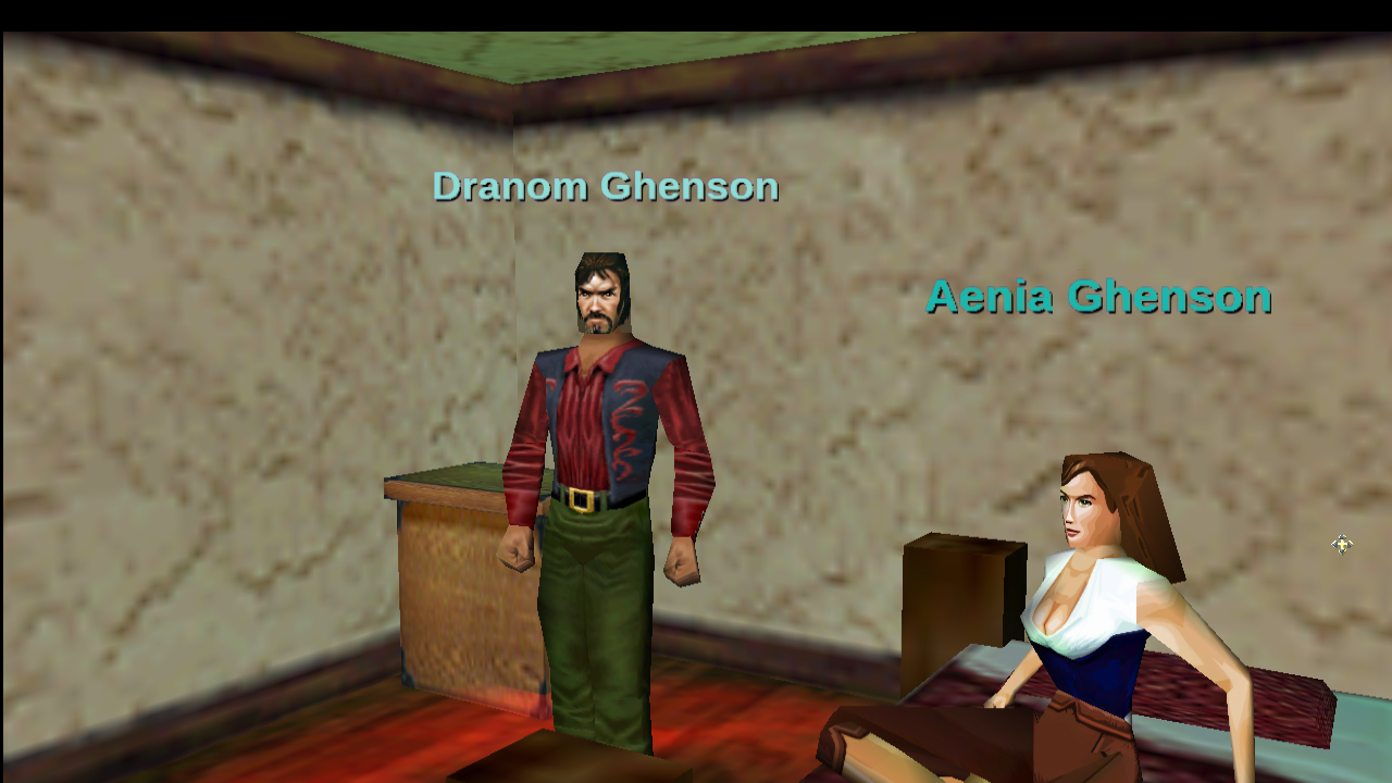 Original Titanium Dranom standing beside Aenia seated on the bed