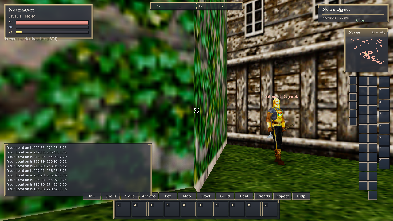 First-person native client outside the North Qeynos monk guild near Lieutenant Dagarok after normal-player traversal.