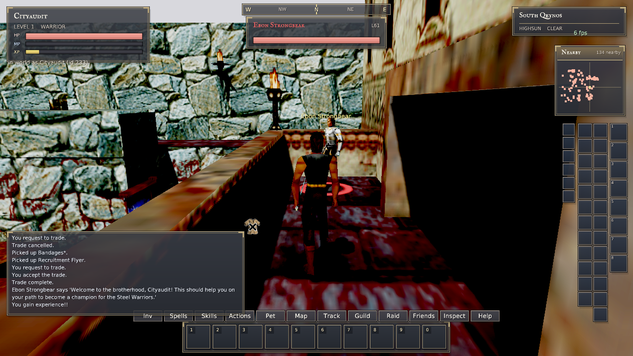 Native Rust client in the South Qeynos warrior guild, showing Ebon’s successful guild-note hand-in dialogue and tunic reward on the cursor.