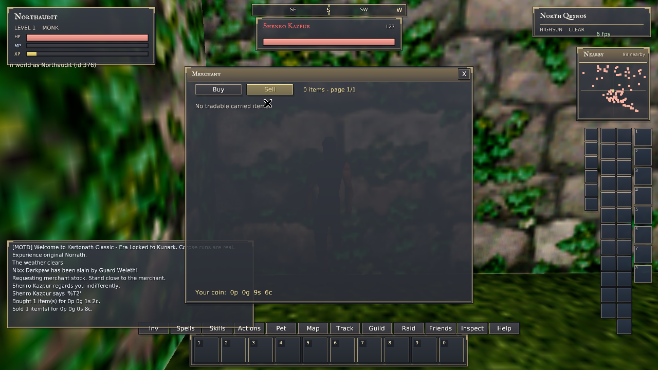 Native merchant Sell tab after a confirmed shuriken sale; balance is 9 silver and 6 copper and no tradable items remain.