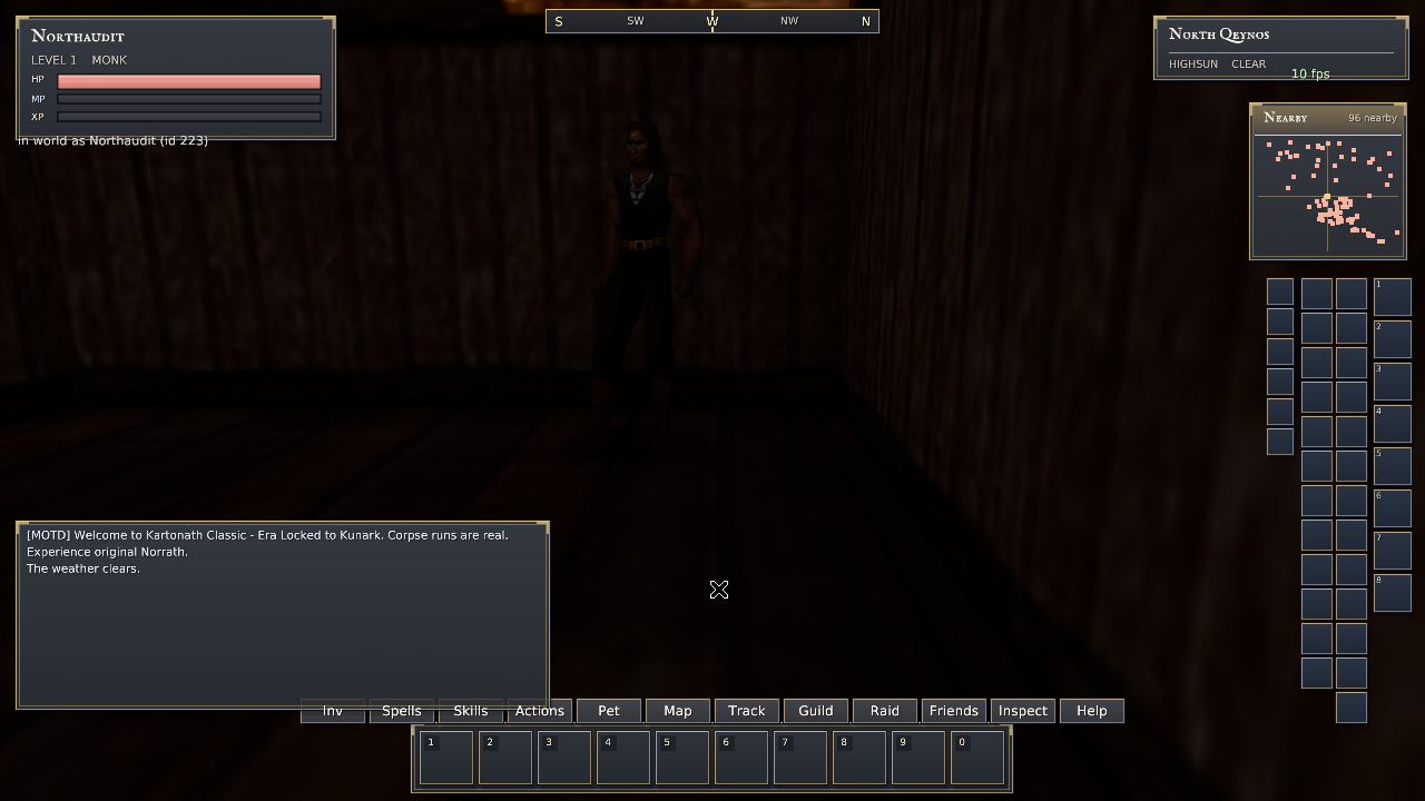North Qeynos monk-guild interior visible in the repaired native client with post-processing enabled.