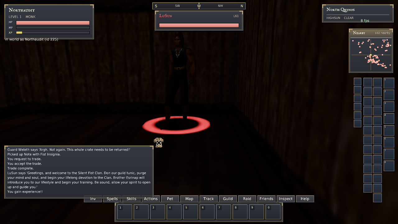 Native client shows LuSun’s successful monk guild-note dialogue, experience gain and tunic reward on the cursor.