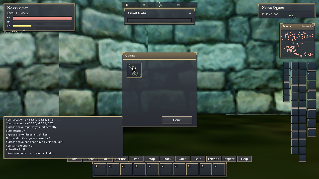 Native Rust client showing a grass snake kill, experience gained and Snake Scales loot message, with the stale corpse icon visibly still present
