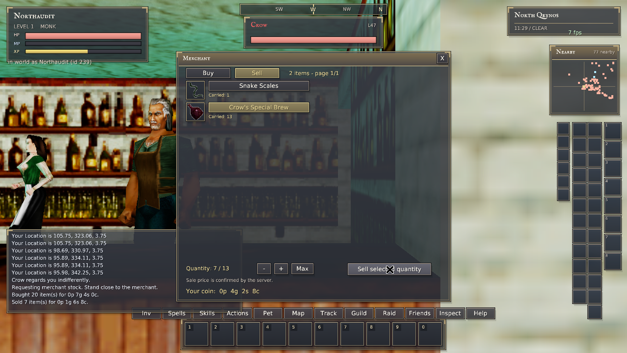 Native partial sale receipt:7brews sold,13remaining,428c in the wallet