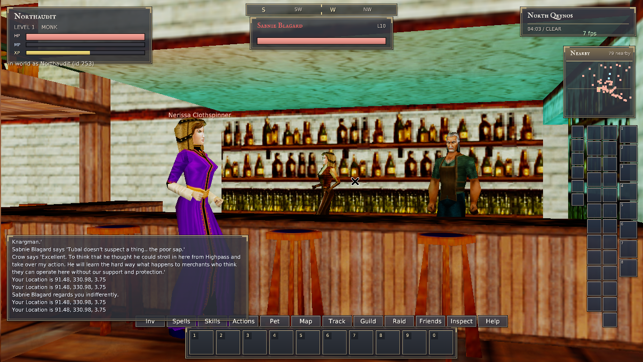 Native Rust Sabnie wearing matching leather behind the bar, with purple-robed Nerissa in the foreground