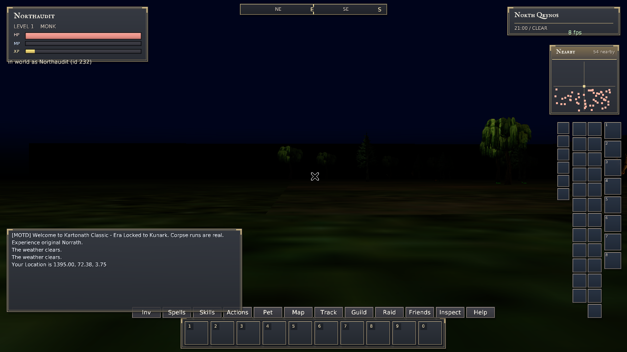 Native Rust night view with restored blue sky and horizon, with stars and exact terrain lighting still unfinished