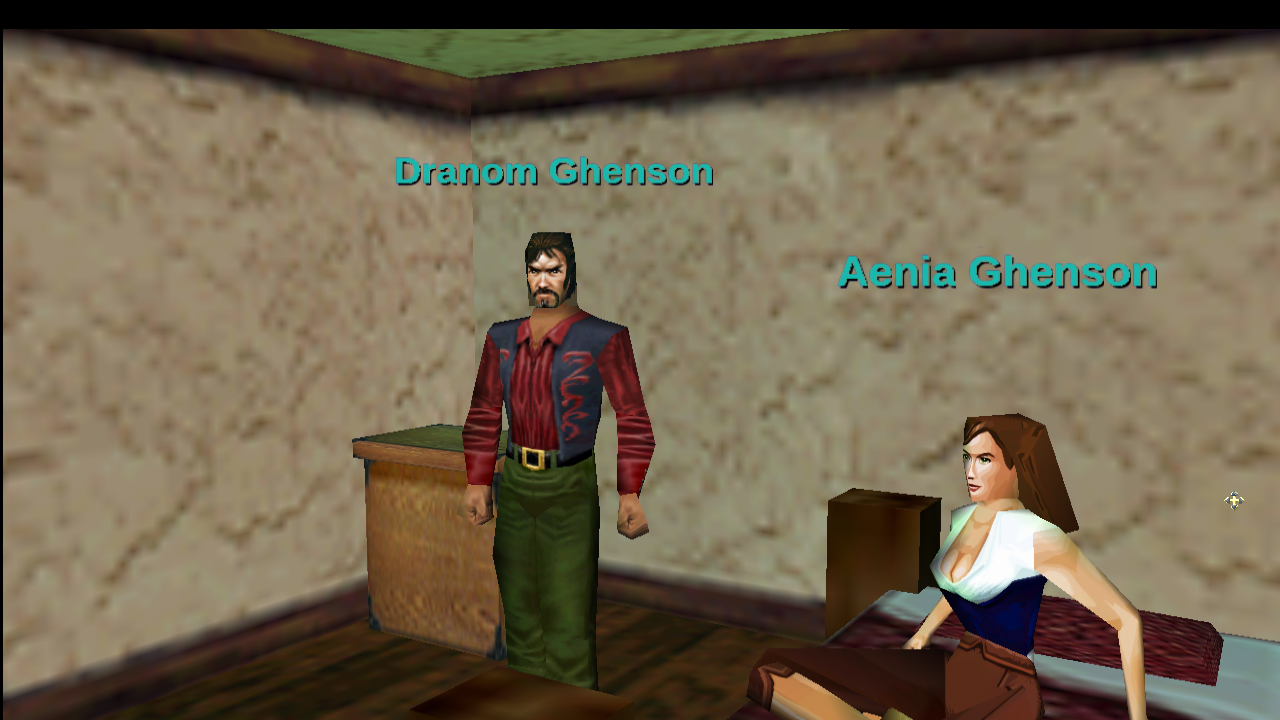 Titanium reference: Aenia seated on the bed beside standing Dranom