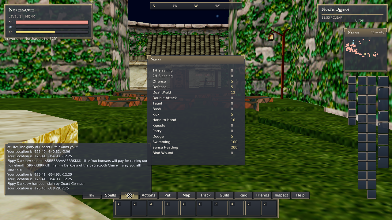 Rust QA Skills window showing Swimming 100 and Taunt 0 on the Temple pond bank