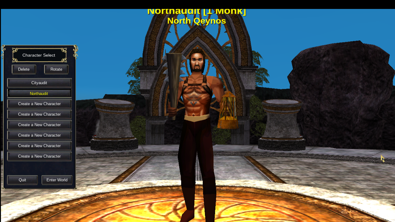 The same monk in original Titanium wearing the textured guild tunic and holding both club and lantern