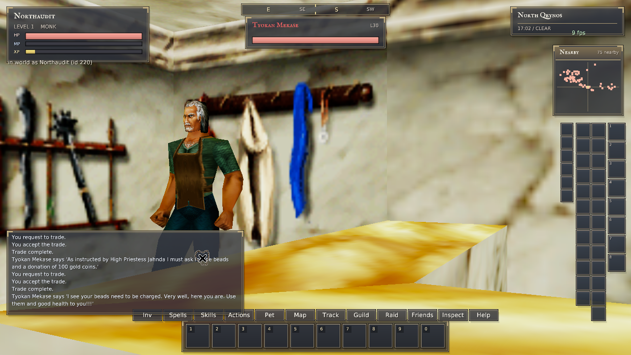 Native client showing Tyokan’s recharge completion dialogue and rewarded Prayer Beads on the cursor