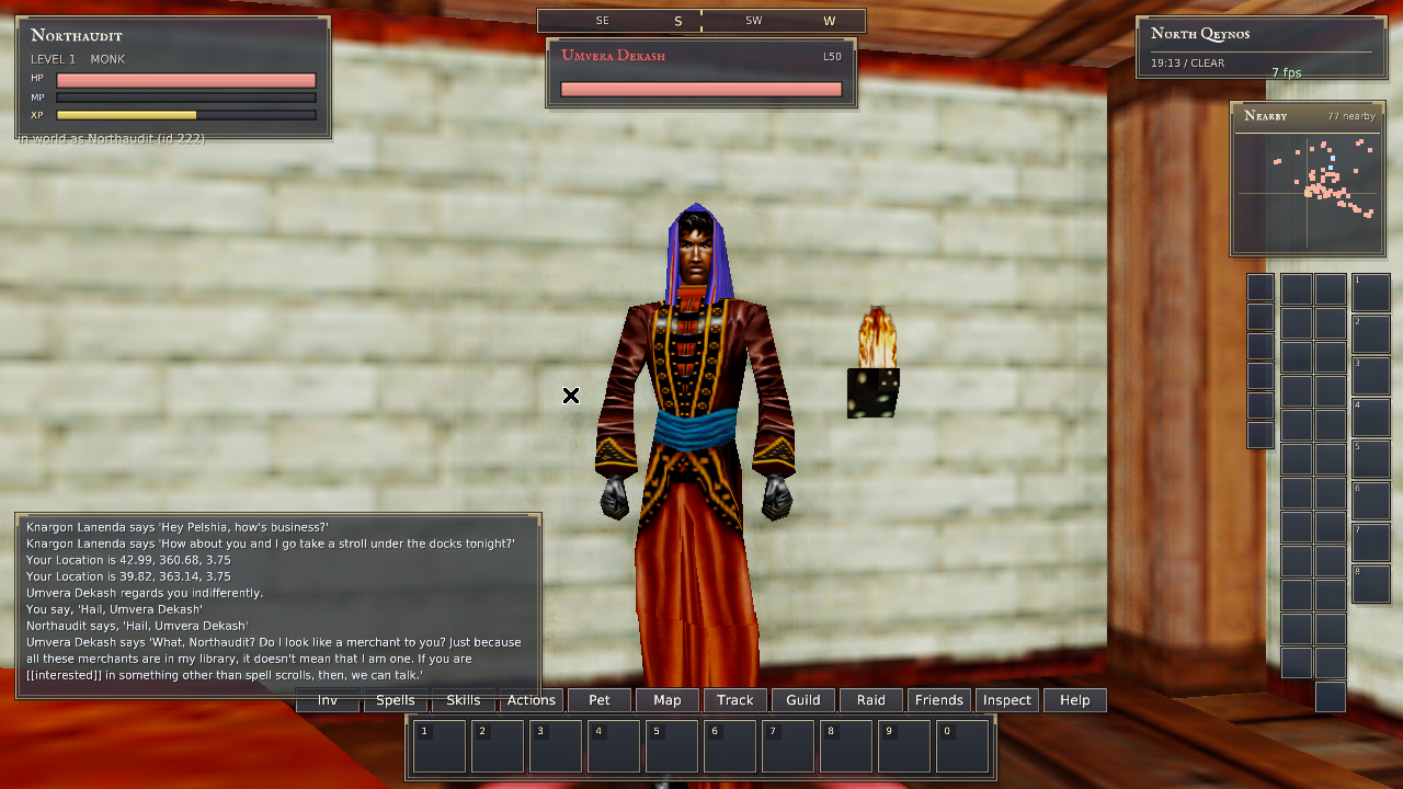 Native North Qeynos client showing Umvera Dekash inside Crow’s tavern with his working hail response