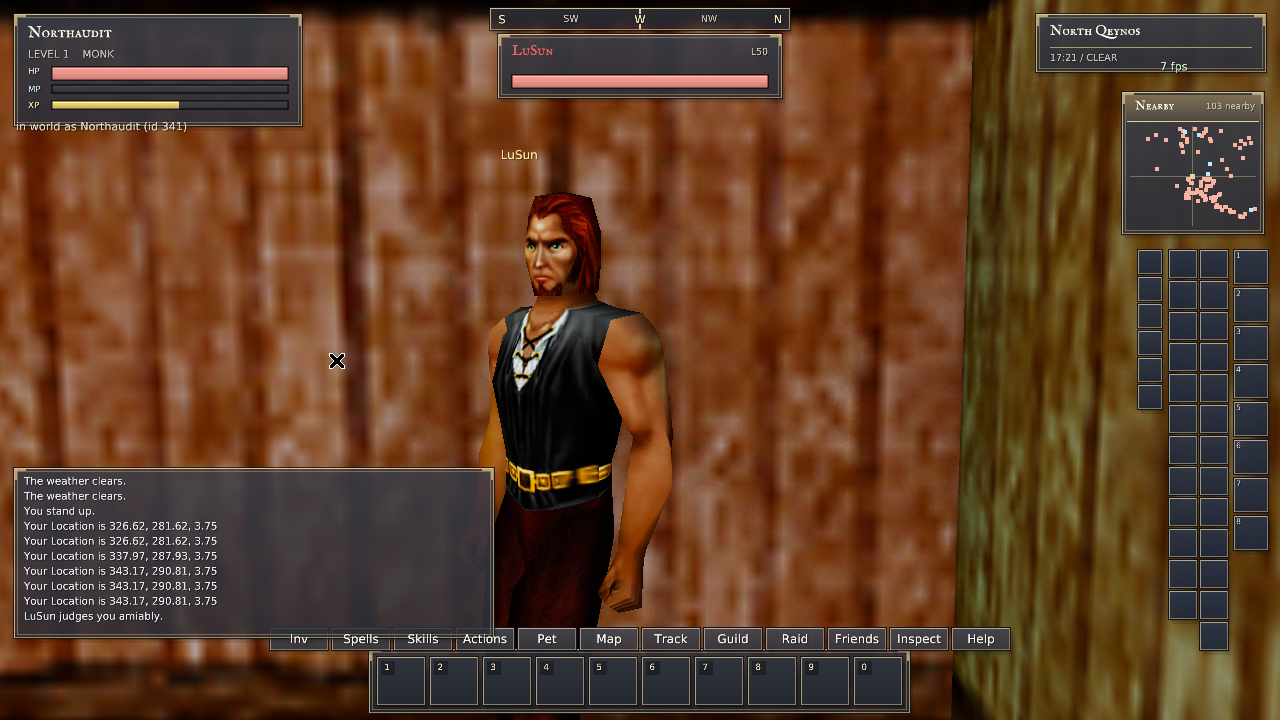 Rust QA monk-guild interior with the corrected North vertex-color export and LuSun visible