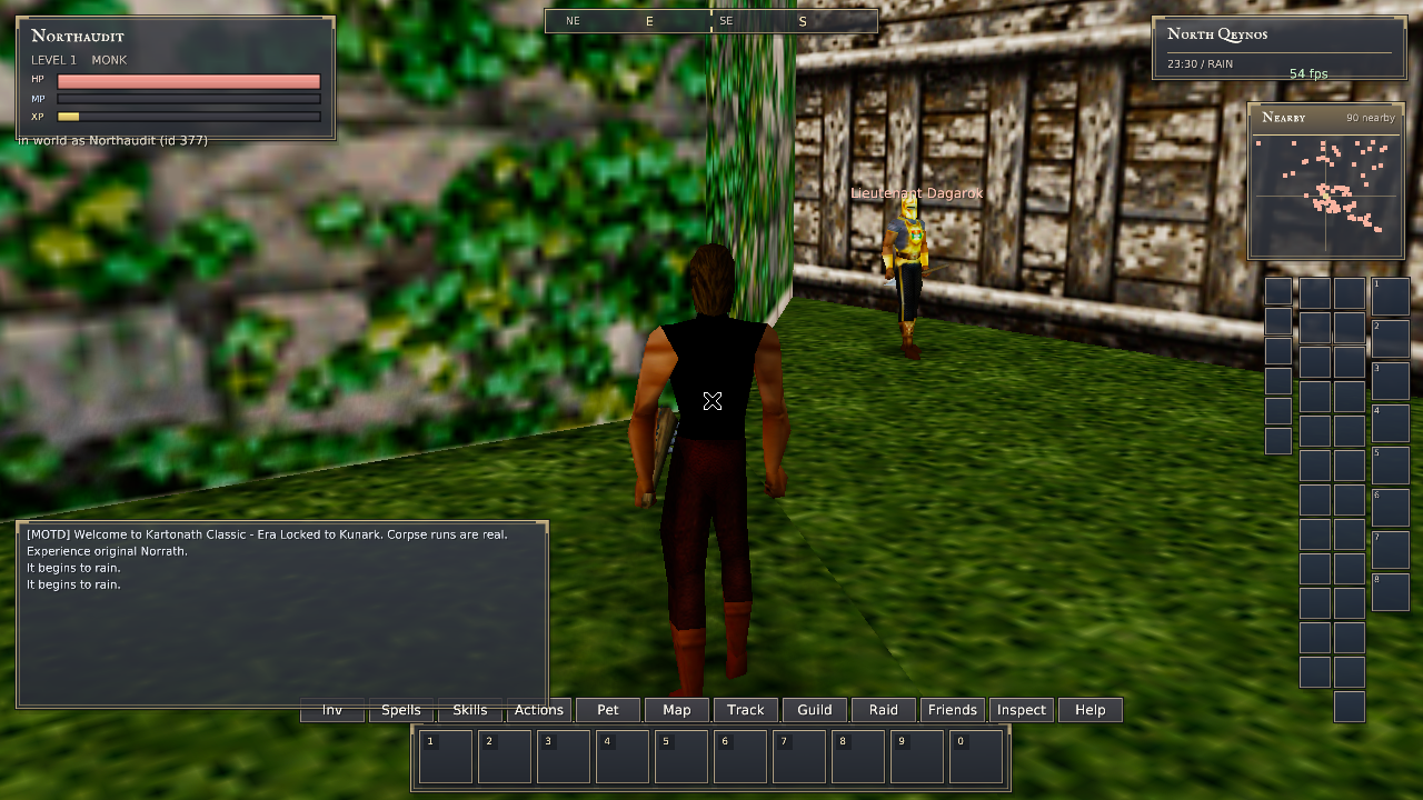Normal North Qeynos player with server-driven23:30 / RAIN status in the native HUD.
